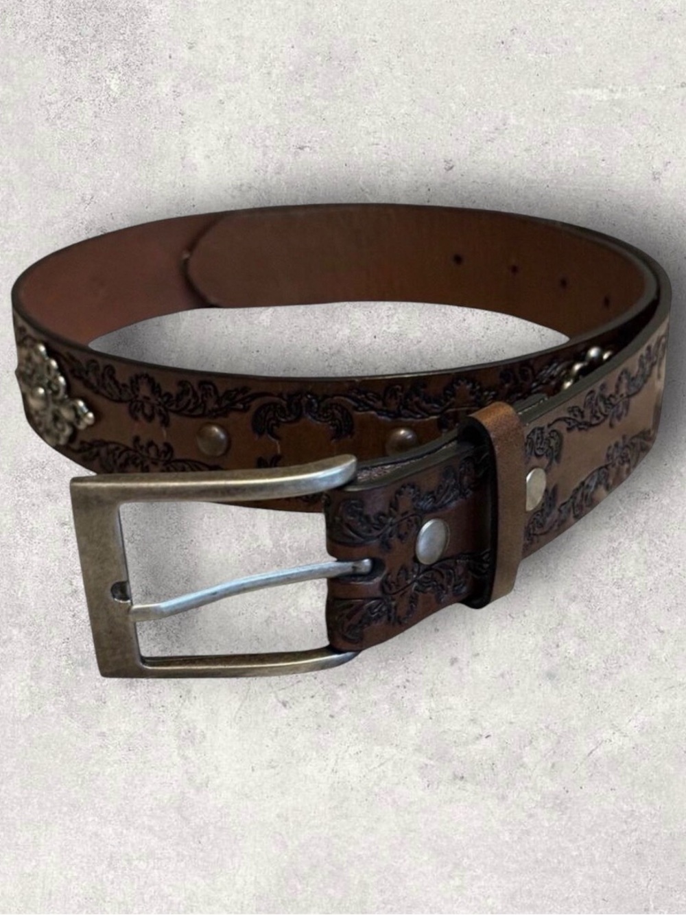 Brown Embossed Floral Belt Vintage Inspired